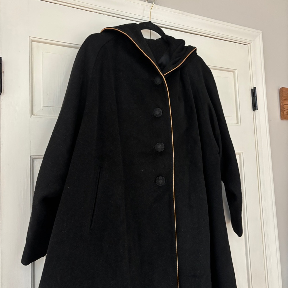 Vintage 1940s Union Wool Black Hooded Swing Coat Gold Trim VTG Union Made in USA - Picture 2 of 13